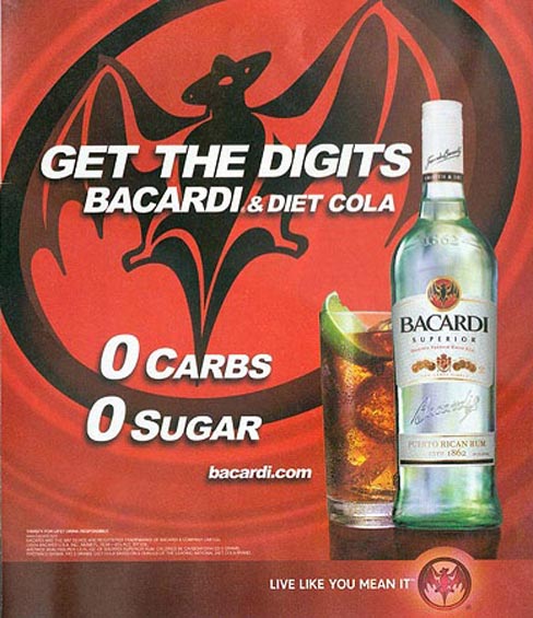 Bacardi and Diet Cola: 0 Carbs, 0 Sugar