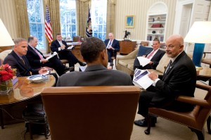 | Director of National Intelligence James Clapper right talks with President Barack Obama in the Oval Office with John Brennan and other national security aides present Photo credit Office of Director of National Intelligence | MR Online