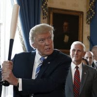 President Donald Trump prepares to swing a Marucci bat, from Baton Rouge, Louisiana, with Vice President Mike Pence, seen right, during a Made in America, product showcase featuring items created in each of the US 50 states, on Monday Read more: http://www.dailymail.co.uk/news/article-4705520/Trump-threatens-strong-swift-sanctions-against-Venezuela.html#ixzz4quvupiy6 Follow us: @MailOnline on Twitter | DailyMail on Facebook