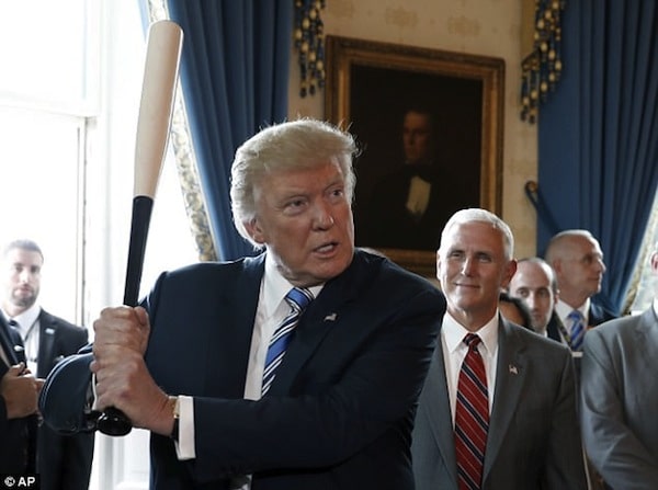 | President Donald Trump prepares to swing a Marucci bat from Baton Rouge Louisiana with Vice President Mike Pence seen right during a Made in America product showcase featuring items created in each of the US 50 states on Monday Read more httpwwwdailymailcouknewsarticle 4705520Trump threatens strong swift sanctions against Venezuelahtmlixzz4quvupiy6 Follow us MailOnline on Twitter | DailyMail on Facebook | MR Online
