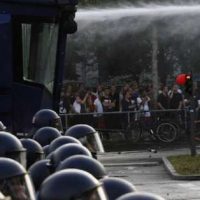 Riot police used water cannons during clashes with protesters against the G20 summit on July 7, 2017 in Hamburg, Germany. (Michele Tantussi/Getty Images)