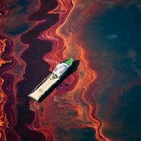 Oil spill around ship.