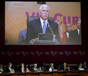| US Vice President Mike Pence speaks at the plenary session of the Americas Summit in Lima Peru Saturday April 14 2018AP PhotoKarel Navarro | MR Online