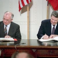 President Ronald Reagan and Soviet General Secretary Gorbachev signing the INF Treaty in the East Room of the White House on December 8, 1987. Credit- Ronald Reagan Presidential Library