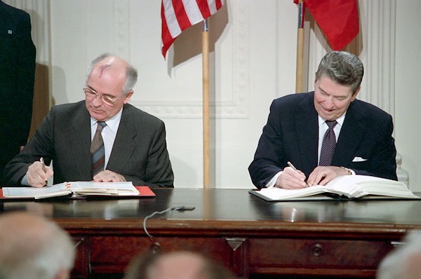 | President Ronald Reagan and Soviet General Secretary Gorbachev signing the INF Treaty in the East Room of the White House on December 8 1987 Credit Ronald Reagan Presidential Library | MR Online