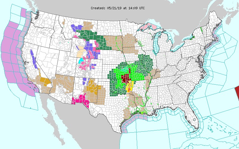 | Active flood or flash flood warnings and advisories in light green dark green and dark red on May 21 2019 | MR Online