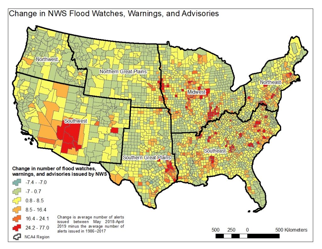 | Change in National Weather Service flood watches warnings and advisories 71 percent of counties in the contiguous US had more flood watches warnings and advisories during the last 12 months than the average for the 1986 2017 historical period | MR Online