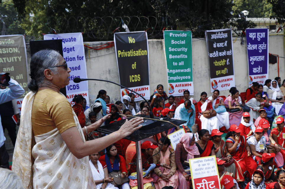 | K Hemalata President of the Centre of Indian Trade Unions CITU addressing the March to Parliament by Child Care Workers organised by the All India Federation of Anganwadi Workers and Helpers AIFAWH New Delhi February 2019 Photo credits CITU Archives | MR Online