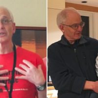 Two aspects of Dan Clawson- As an organizer and teacher, and as the grandparent of Danny. Left photo- Paul Mange Johansen; right- Laura Clawson