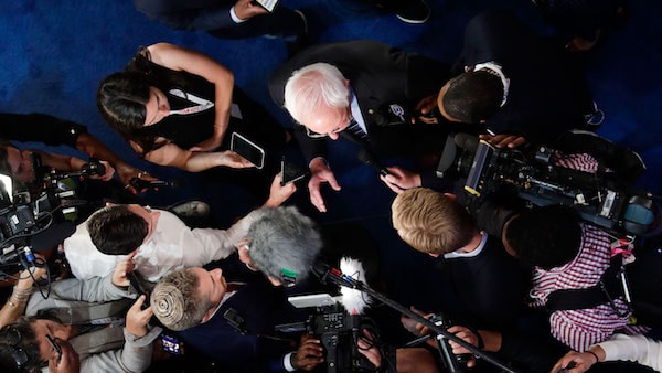 | Sen Bernie Sanders I Vt center right talks to the media in the spin room following the Democratic presidential primary debate hosted by ABC on the campus of Texas Southern University Thursday Sept 12 2019 in Houston AP PhotoEric Gay | MR Online