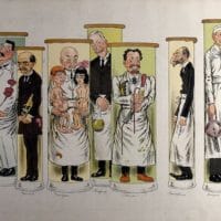 V0036166 Twelve doctors standing in test tubes. Colour lithograph by