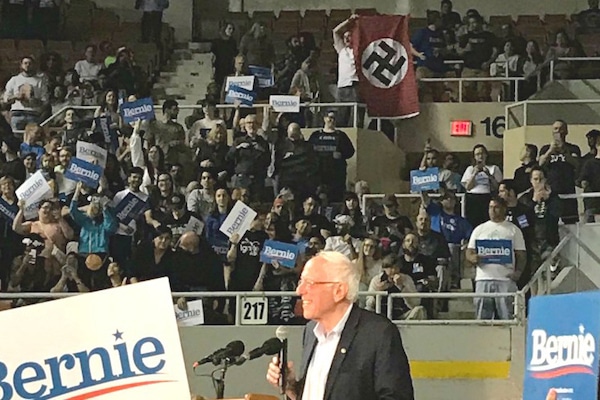 | Whoever it was I think theyre a little outnumbered tonight Sen Bernie Sanders I Vt said after the man with the Nazi flag was removed from the rally Photo ScreenshotBernie Sanders Campaign via Storyful | MR Online