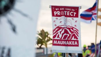 | A protester displays a banner about protecting Maunakea from the Thirty Meter Telescope in August 2019 Image credit Matt GushShutterstock | MR Online
