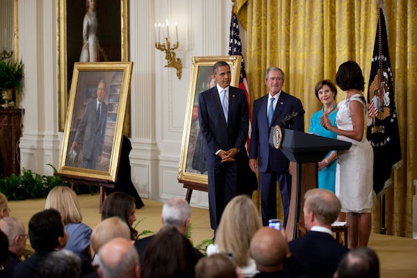 | President Barack Obama and First Lady Michelle Obama host the unveiling of the official portraits of former President George W Bush and former First Lady Laura Bush in the White House May 31 2012 White House Lawrence Jackson | MR Online