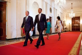 | President Barack Obama and First Lady Michelle Obama walk with former President George W Bush and former First Lady Laura Bush after the unveiling of the Bushes official portraits at the White House May 31 2012 White House Chuck Kennedy | MR Online