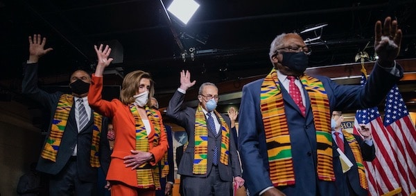 | House Speaker Nancy Pelosi of Calif House Majority Whip James Clyburn of SC and top Congressional Democrats raise their hands during a news conference to unveil policing reform and equal justice legislation on Capitol Hill Monday June 8 2020 in Washington AP PhotoManuel Balce Ceneta | MR Online