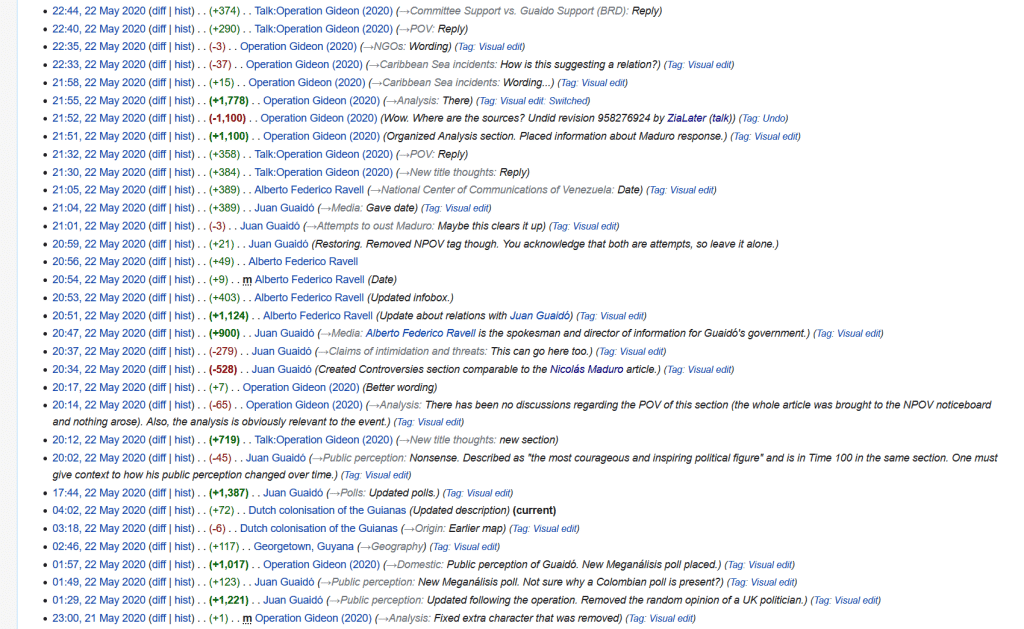 | Wikipedia edits made by Venezuelan opposition supporter ZiaLater in just one day on May 22 2020 | MR Online