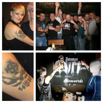 | Diana Vynohradova on the bottom left her 1488 and Celtic Cross tattoos are visible On the top right she is standing next to neo Nazi band leader Arseniy Bilodub Klimachev | MR Online