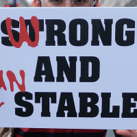 Strong and Stable Equals Wrong and Unstable. On Thursday 12 July 2018, US president Donald Trump, the most dangerous man in the world, was welcomed to the United Kingdom by the British prime minister Theresa May. The following day the streets of London witnessed the biggest protest for over a decade as thousands marched on Trafalgar Square to express their anger at the British government extending a red carpet welcome for Trump. (Flickr: Alisdare Hickson)