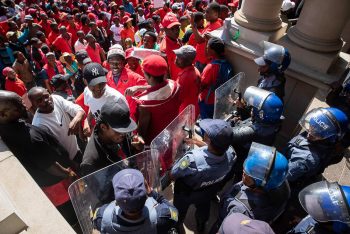 | Madelene Cronjé New Frame South Africa Police barricade the entrance to the City Hall during a march of thousands of members of Abahlali baseMjondolo protesting against political repression Durban 8 October 2018 | MR Online