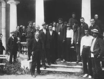 | MN Roy centre black tie and jacket with Vladimir Lenin tenth from the left Maxim Gorky behind Lenin and other delegates to the Second Congress of the Communist International at the Uritsky Palace in Petrograd 1920 Magazine Krasnay Panorama Red Panorama Wikipedia | MR Online