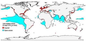 | Red dots mark coastal dead zones where oxygen has plummeted to 2 milligrams per liter or less Blue areas in the open ocean have the same low oxygen levels Source GEOMAR Helmholtz Centre for Ocean Research Kiel | MR Online