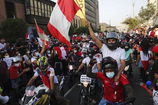 | A caravan of demonstrators on motorcycles ride after interim President Manuel Merino resigned his post in Lima Peru Sunday Nov 15 2020 AP PhotoRodrigo Abd | MR Online