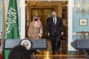 | Oct 14 2020 Secretary of State Mike Pompeo and Saudi Foreign Minister Prince Faisal bin Farhan Al Saud prepare to address reporters in Washington DC State Department Ron Przysucha | MR Online