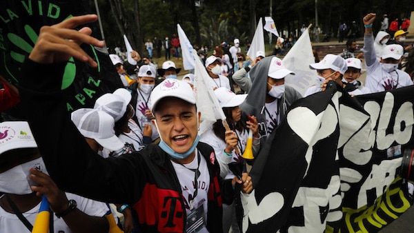 | Ex combatants of the disbanded FARC and social activists march to demand the government guarantee their right to life and compliance with the 2016 peace agreement in Bogota Colombia Nov 1 2020 Fernando Vergara | AP | MR Online