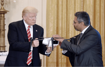 | US President Donald Trump holds a drone as George Mathew CEO Chairman of Kespry explains how it works during the American Leadership in Emerging Technology event in the East Room of the White House June 22 2017 Source newsweekcom | MR Online