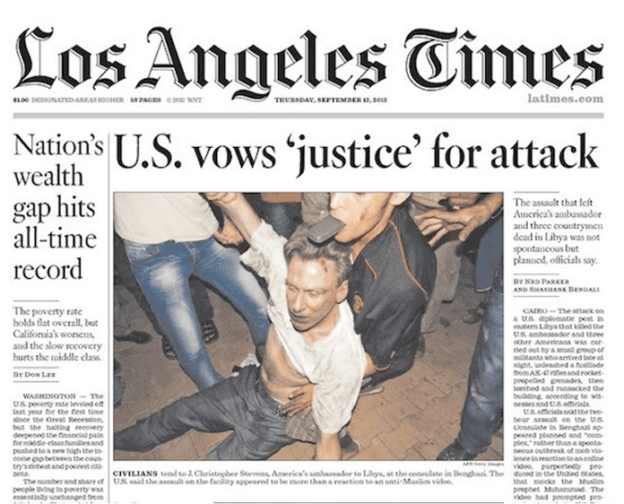 | Los Angeles Times cover featuring Ambassador Stevens just before his death Source huffpostcom | MR Online