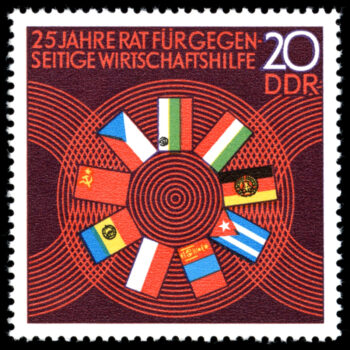 | This twenty fifth anniversary stamp of the Council for Mutual Economic Assistance COMECON depicts the flags of its member countries including the Mongolian Peoples Republic in 1962 and Cuba in 1972 To strengthen the Eastern Blocs economic cooperation and power socialist states created COMECON in 1949 Its aim was to achieve effective specialisation and division of labour as well as the gradual alignment of the very different economic conditions of its member states The founding countries included the Soviet Union Poland Romania Bulgaria Czechoslovakia and Hungary The DDR joined in 1950 | MR Online