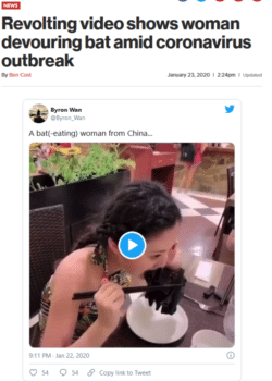 | The New York Post 12320 reported on a video showing a woman eating a bat at an undisclosed restaurant in the Wuhan provincewhich turned out actually to be in Palau an island nation 2700 miles from China | MR Online