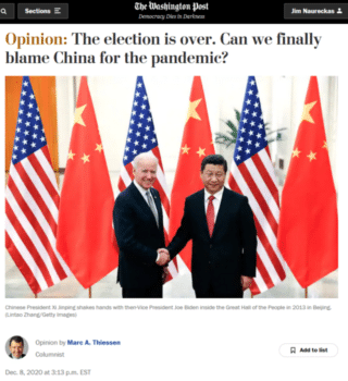 | Marc Thiessen Washington Post 12820 blames China for not doing enough in December 2019 to stop a pandemic that killed its first identified victim on January 9 2021 | MR Online