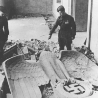 | By April 1945 troops of the anti Hitler coalition had liberated most of the territories occupied by the fascist Wehrmacht The Red Army opened its offensive on the capital of the German Reich and the fierce Battle of Berlin ended with the complete military defeat of Nazi Germany This photograph shows two Red Army soldiers in the Reich Chancellery Hitlers last command post At their feet lies the toppled symbol of fascist power the imperial eagle above the swastika | MR Online
