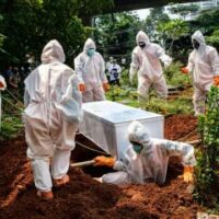 Health workers bury a suspected victim of COVID-19 in Jakarta, Indonesia