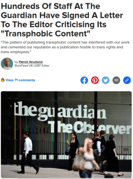 | Guardian staff circulated a letter critical of the papers trans coverage after the resignation of a transgender member of staff who said theyd received anti trans comments from influential editorial staff | MR Online'” (BuzzFeed, 3/6/20).