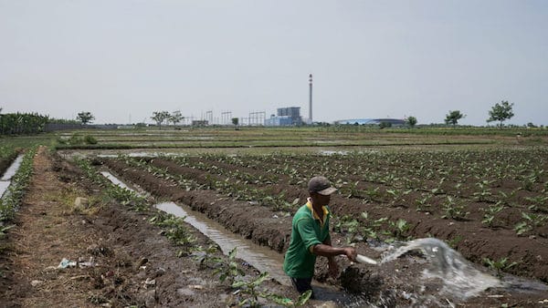 | A farmer is watering crops in the vicinity of the Indramayu 1 power plant in West Java financed by a consortium of Chinese and Indonesian banks In recent years local pollution and climate concerns have driven up Chinese overseas investment in renewables Image Adi Renaldi China Dialogue | MR Online