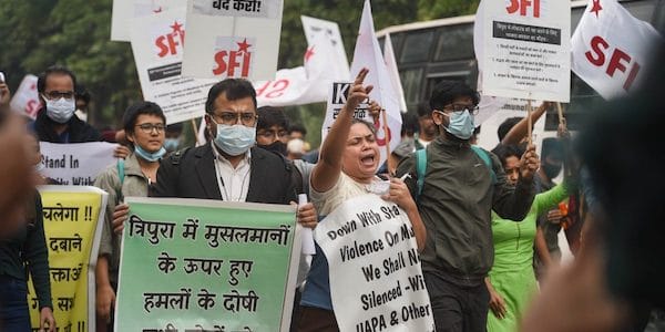 | Students Federation of India SFI activists protest against alleged communal violence in Tripura at Tripura Bhawan in New Delhi Friday Nov 05 2021 | MR Online