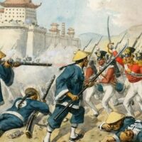 A watercolour depiction of British and Chinese soldiers facing each other at Zhenjiang in July 1842, by military illustrator Richard Simkin (1840–1926)