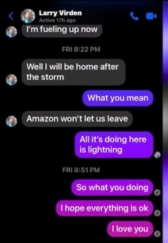 | Screenshot of the final text exchange between tornado victim Larry and his girlfriend stating Amazon wont let us leave Credit MorePerfectUS | MR Online