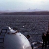 HMS Cardiff anchored outside Port Stanley at the end of the Falklands War in 1982