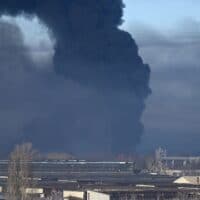 Black smoke rises from a military airport in Chuguyev near Kharkiv on February 24, 2022, after Russian President Vladimir Putin announced a military operation in Ukraine. Photo: VCG