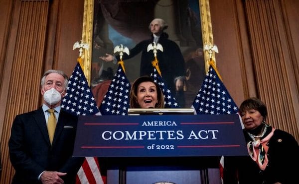 | House Speaker Nancy Pelosi along with Rep Richard Neal D MA and Rep Eddie Bernice Johnson D TX speaking about the America COMPETES Act in the US Capitol on Feb 4 The Act continues the United States policy of militarism first and poor and working class people last DREW ANGERERGETTY | MR Online