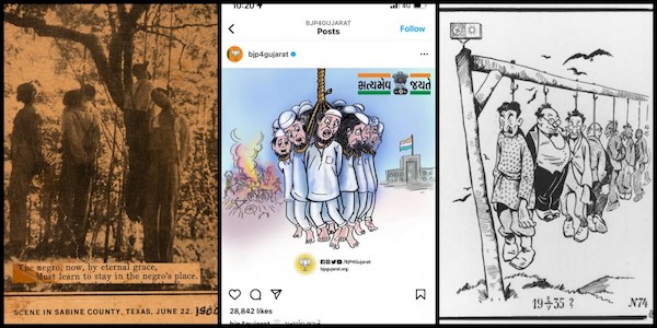| Lynching postcard from the United States circa 1900 BJP cartoon Cartoon depicting Jews communists and other enemies of the Nazis hanging on a gallows 1935 Source truthinphotographyorg Instagram US Holocaust Museum Collage The India Cable | MR Online