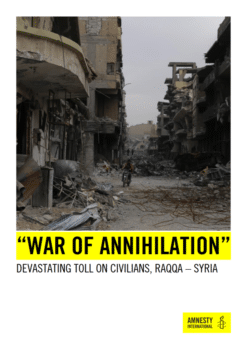| Amnesty International 419 on the US led assault on Raqqa Syria In all the cases detailed in this report Coalition forces launched air strikes on buildings full of civilians using widearea effect munitions which could be expected to destroy the buildings | MR Online