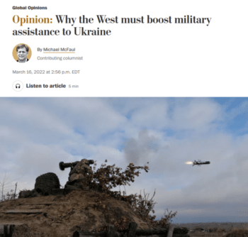 | Michael McFaul assures Washington Post readers 31622 If the risk of Russias escalation can be assessed to be below the nuclear threshold thenthe transfer of planes or air defense systems will not trigger World War III | MR Online