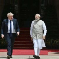 Indian Prime Minister Narendra Modi (R) with visiting UK Prime Minister Boris Johnson, New Delhi, April 22, 2022