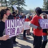 Labor organizers and trade unions hold a protest outside a Starbucks outlet in Raleigh, North Carolina, for firing a pro-union worker. (Photo: ThriveNC/Twitter)