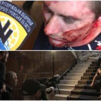 Above: The torture of left-wing activist Alexander Matjuschenko on March 3 in Dnipro, recorded by Azov members. Below: President Volodymyr Zelensky poses during a media engagement.